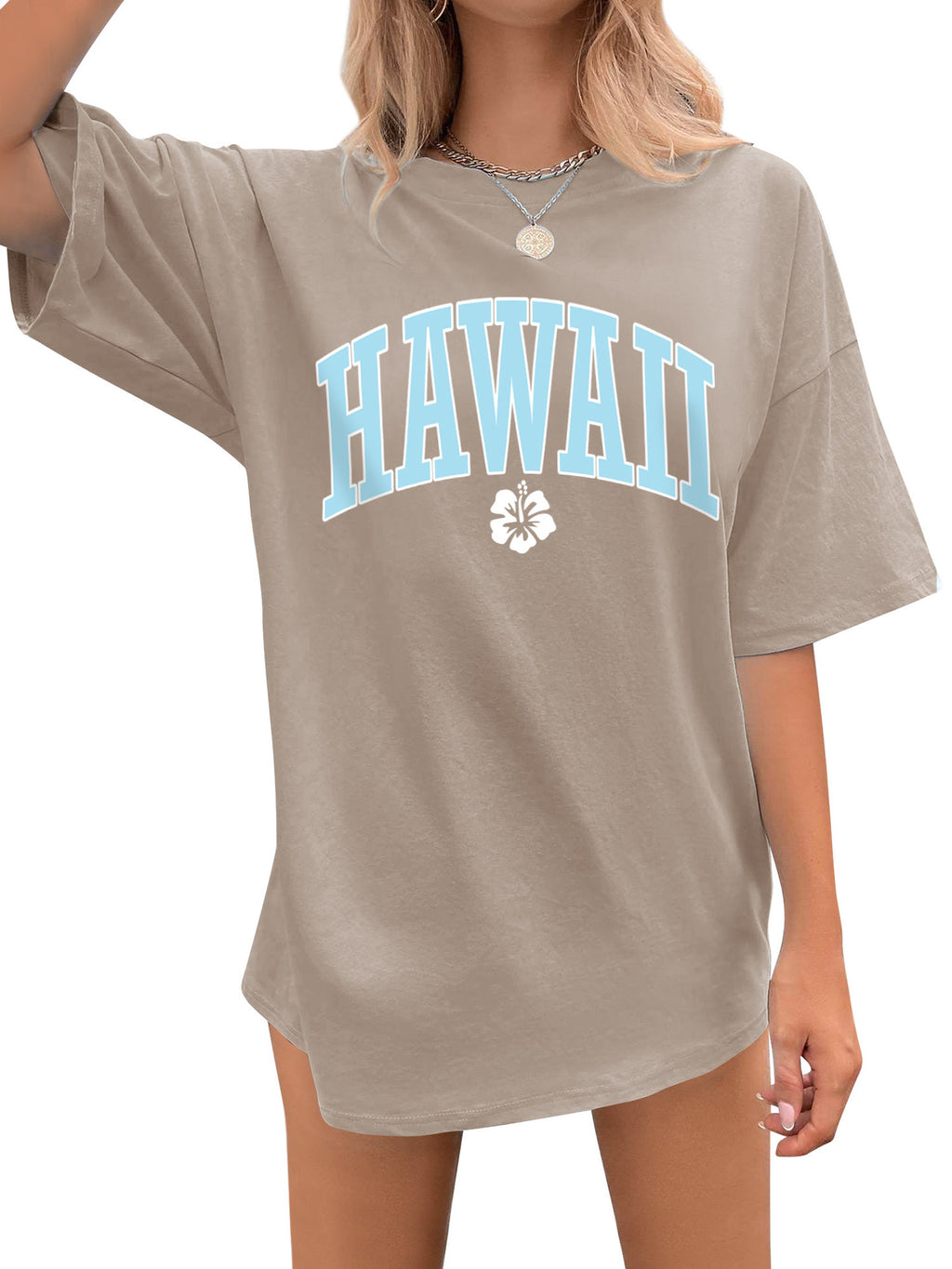 Hawaii Varsity Print Oversized Tee - Taupe