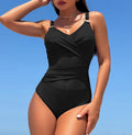 Mesh Panel Wrap Front One Piece Swimsuit - Black