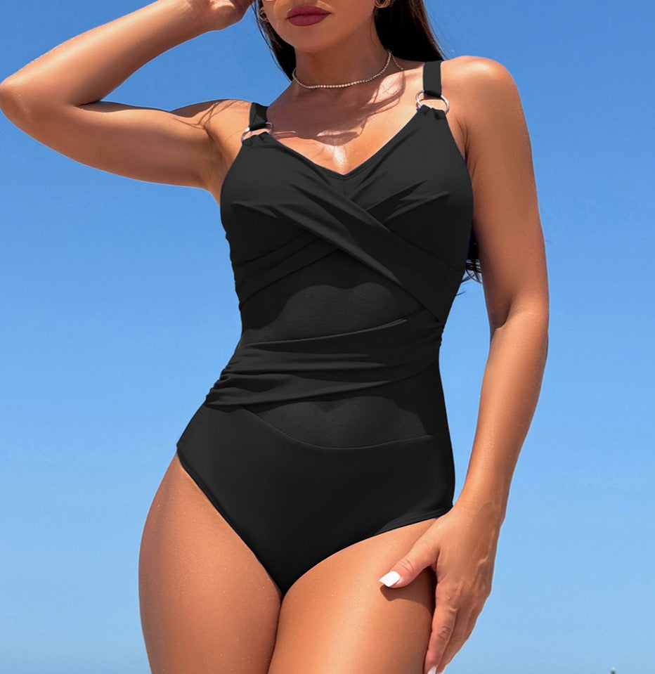 Mesh Panel Wrap Front One Piece Swimsuit - Black