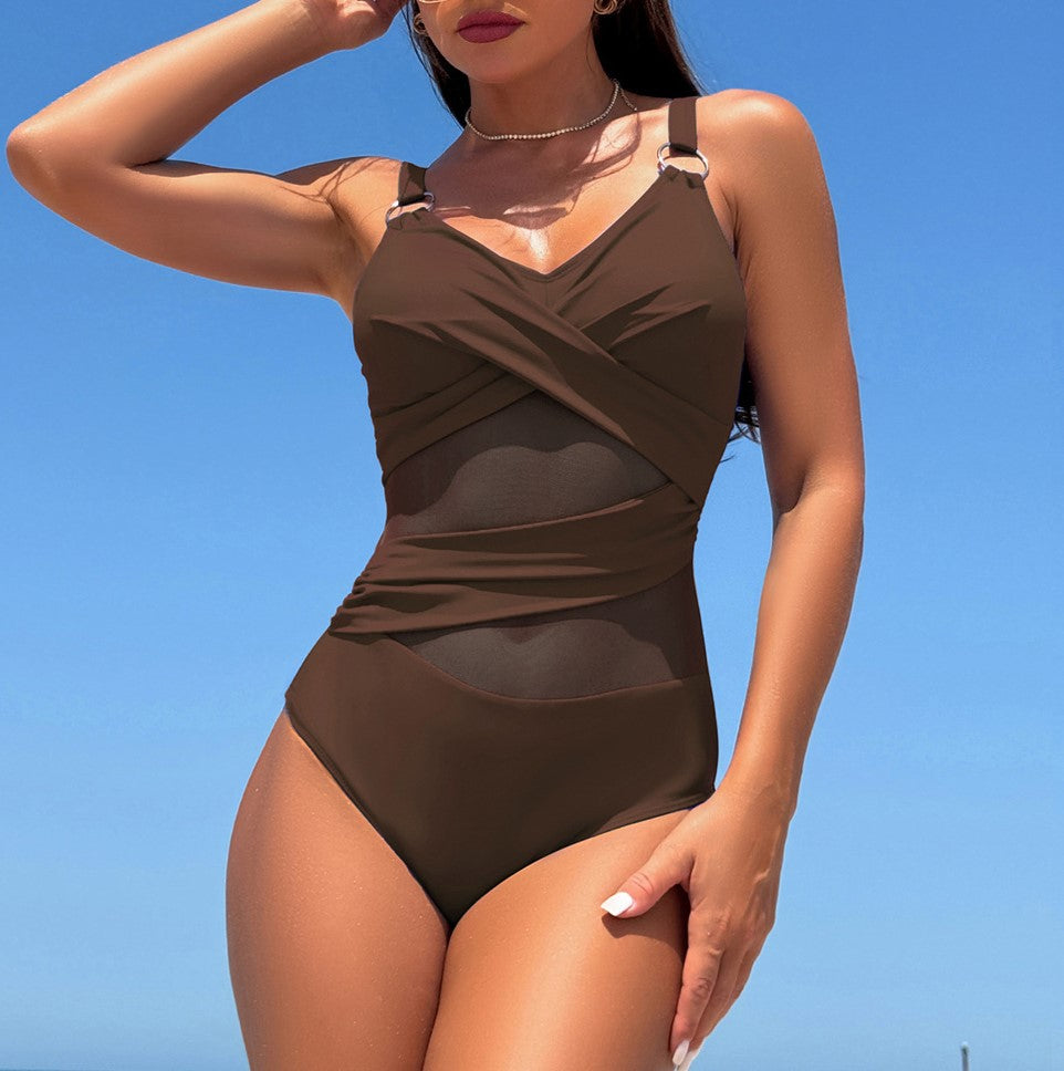 Mesh Panel Wrap Front One Piece Swimsuit - Curry
