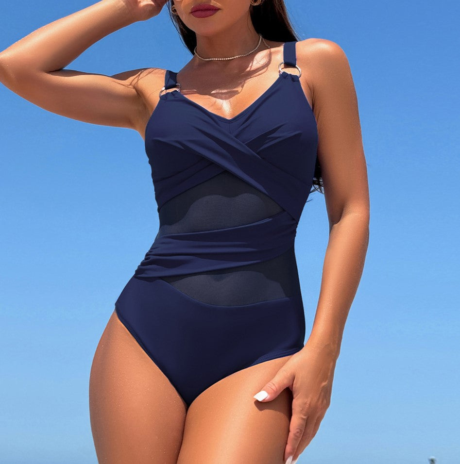 Mesh Panel Wrap Front One Piece Swimsuit - darkblue