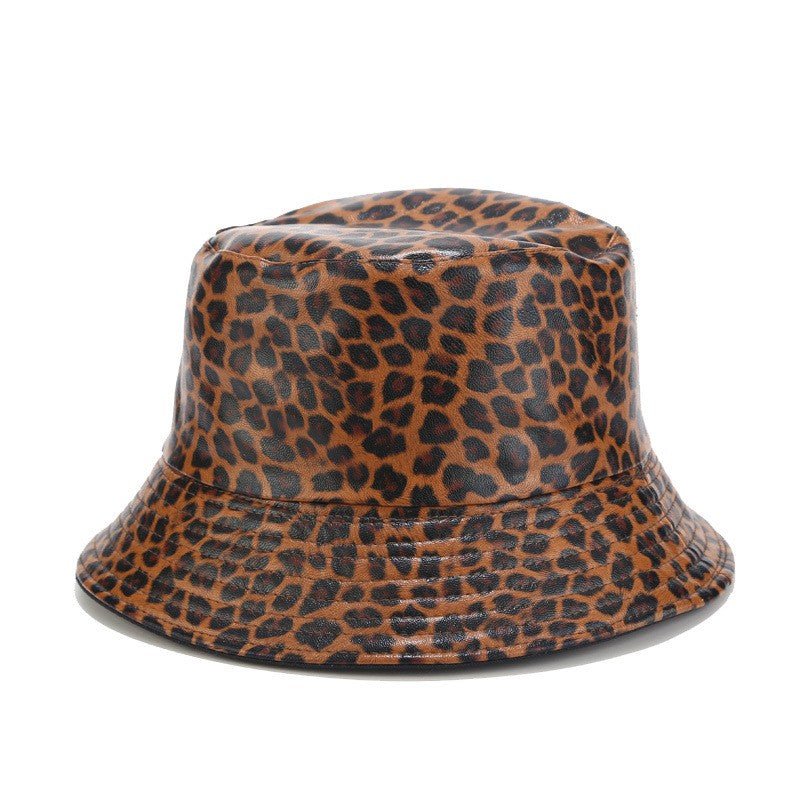 Leopard Print Faux Leather Reversible Bucket Hat - Coffee