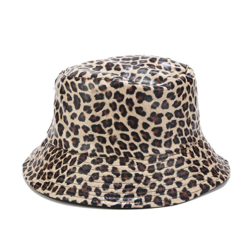 Leopard Print Faux Leather Reversible Bucket Hat