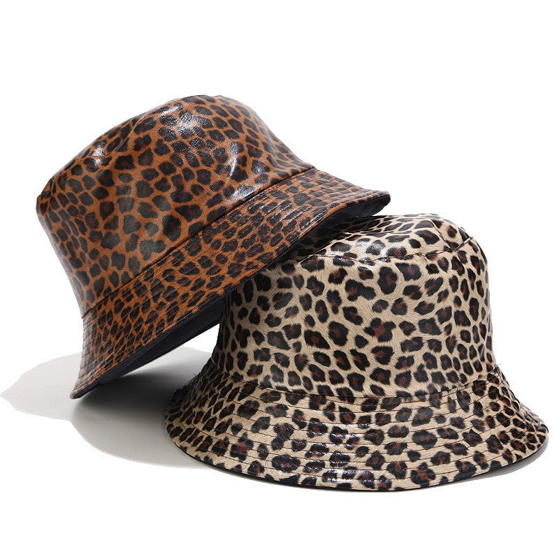 Leopard Print Faux Leather Reversible Bucket Hat