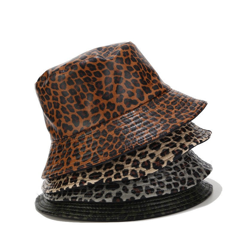 Leopard Print Faux Leather Reversible Bucket Hat