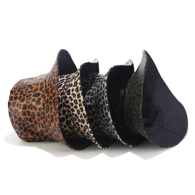 Leopard Print Faux Leather Reversible Bucket Hat