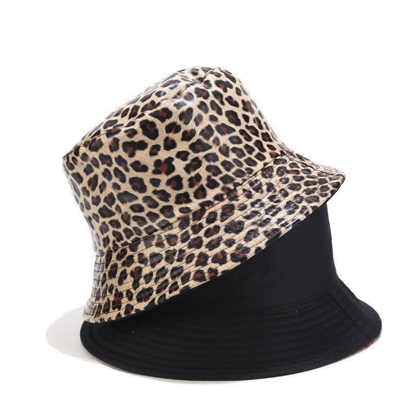 Leopard Print Faux Leather Reversible Bucket Hat
