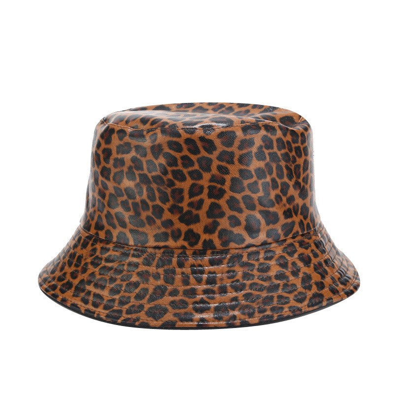 Leopard Print Faux Leather Reversible Bucket Hat