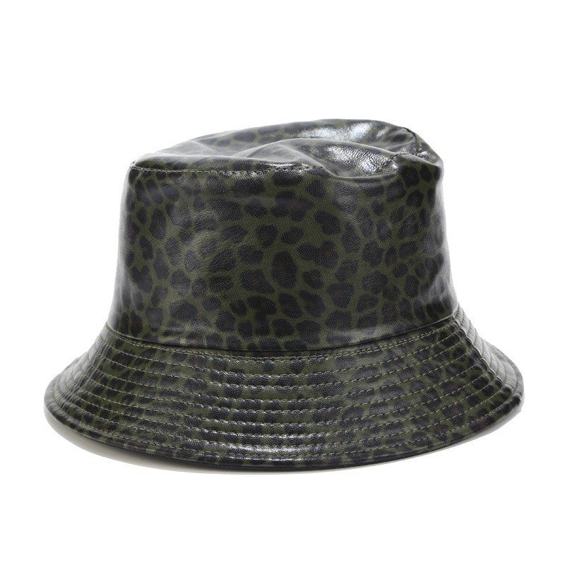 Leopard Print Faux Leather Reversible Bucket Hat