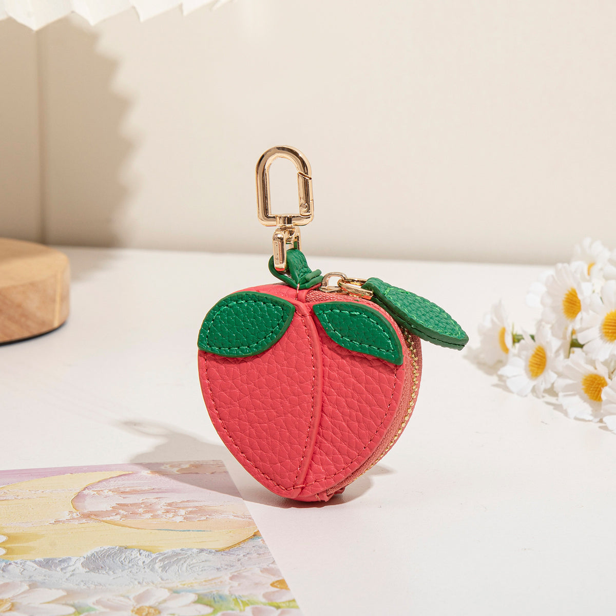 Fruit Shaped Zip Pouch Keychain - Peach