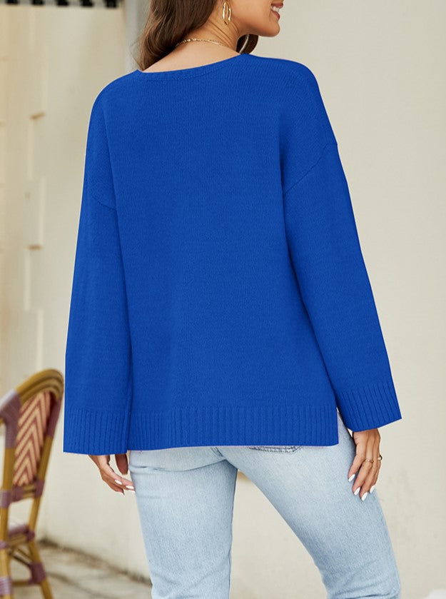 Relaxed V Neck Wide Sleeve Pullover - Blue - 1