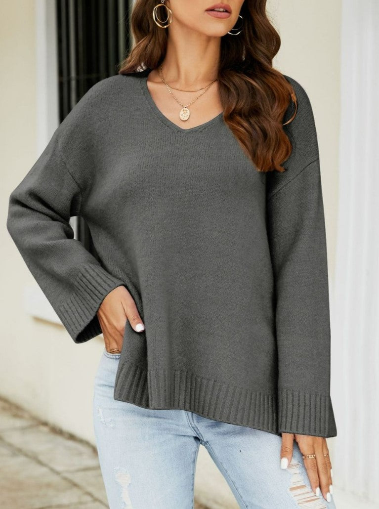 Relaxed V Neck Wide Sleeve Pullover - Darkgrey