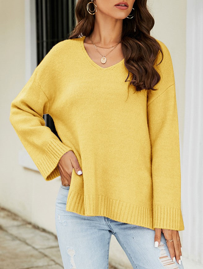 Relaxed V Neck Wide Sleeve Pullover - Yellow