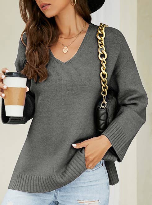 Relaxed V Neck Wide Sleeve Pullover