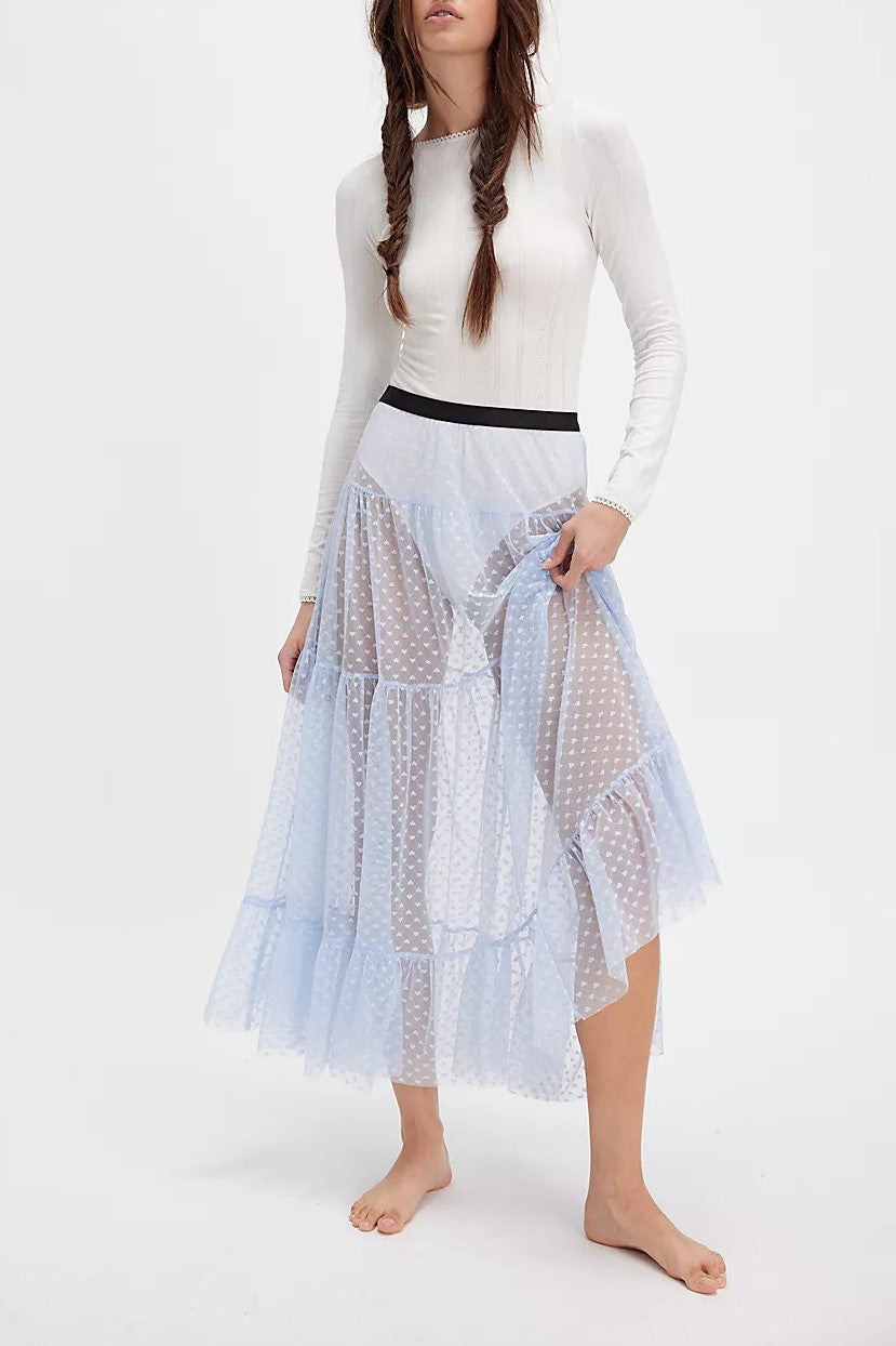 Sheer Tulle Heart Dot Tiered Maxi Skirt - Lightblue