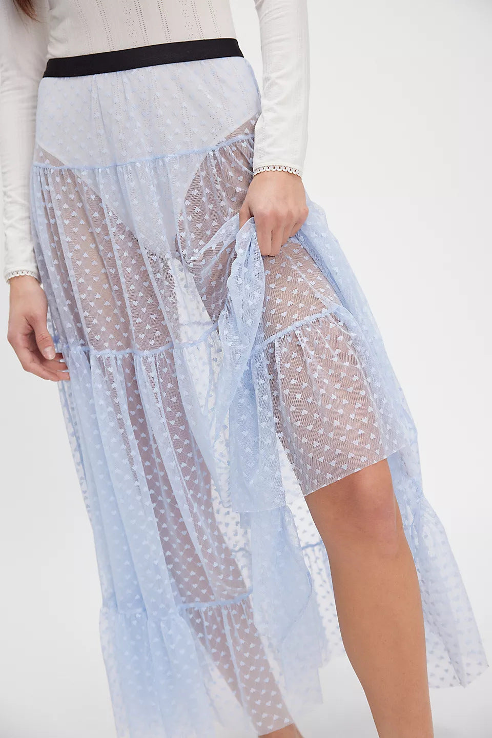 Sheer Tulle Heart Dot Tiered Maxi Skirt - Lightblue - 1