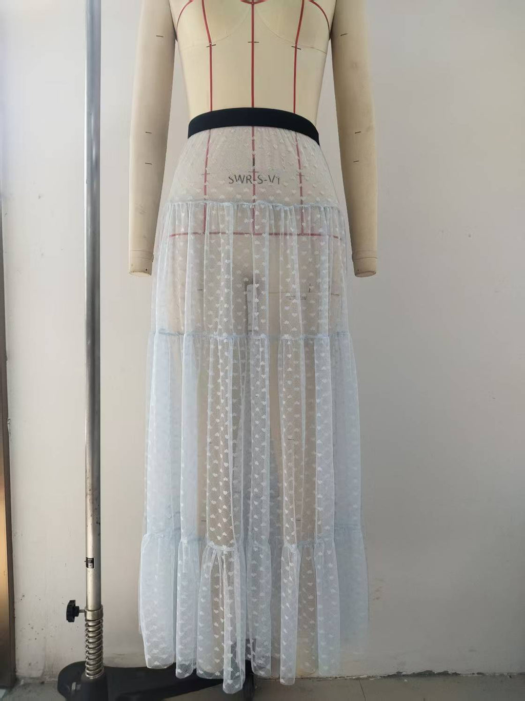 Sheer Tulle Heart Dot Tiered Maxi Skirt - Lightblue - 2