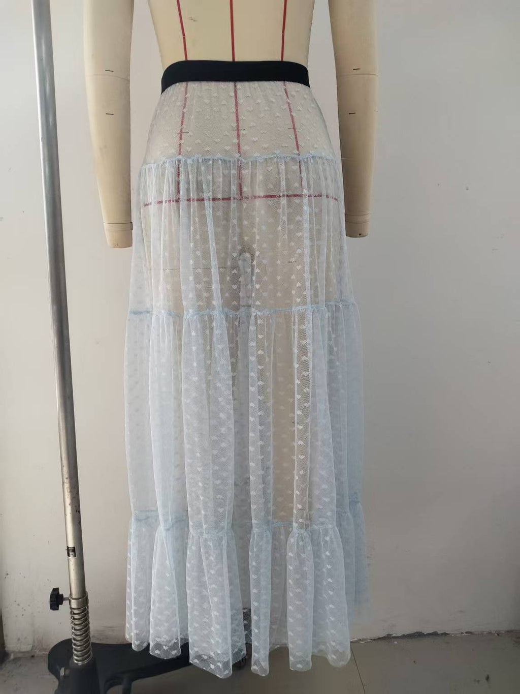 Sheer Tulle Heart Dot Tiered Maxi Skirt - Lightblue - 3
