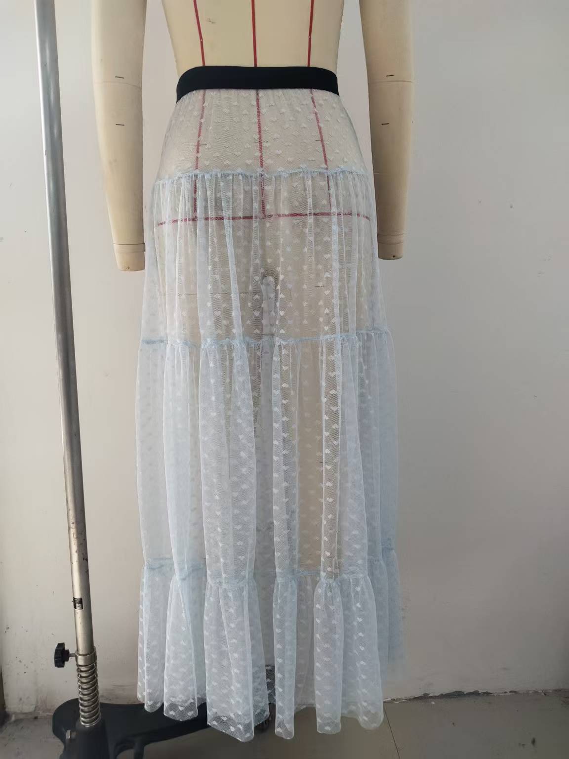 Sheer Tulle Heart Dot Tiered Maxi Skirt - Lightblue - 3