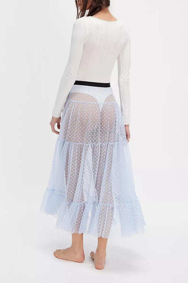 Sheer Tulle Heart Dot Tiered Maxi Skirt - Lightblue - 4