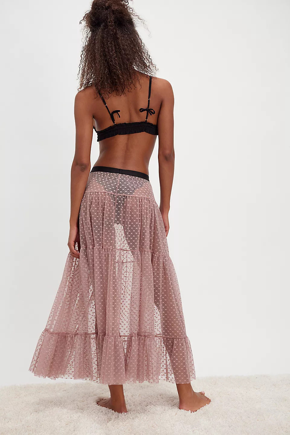 Sheer Tulle Heart Dot Tiered Maxi Skirt - Rosewood - 2