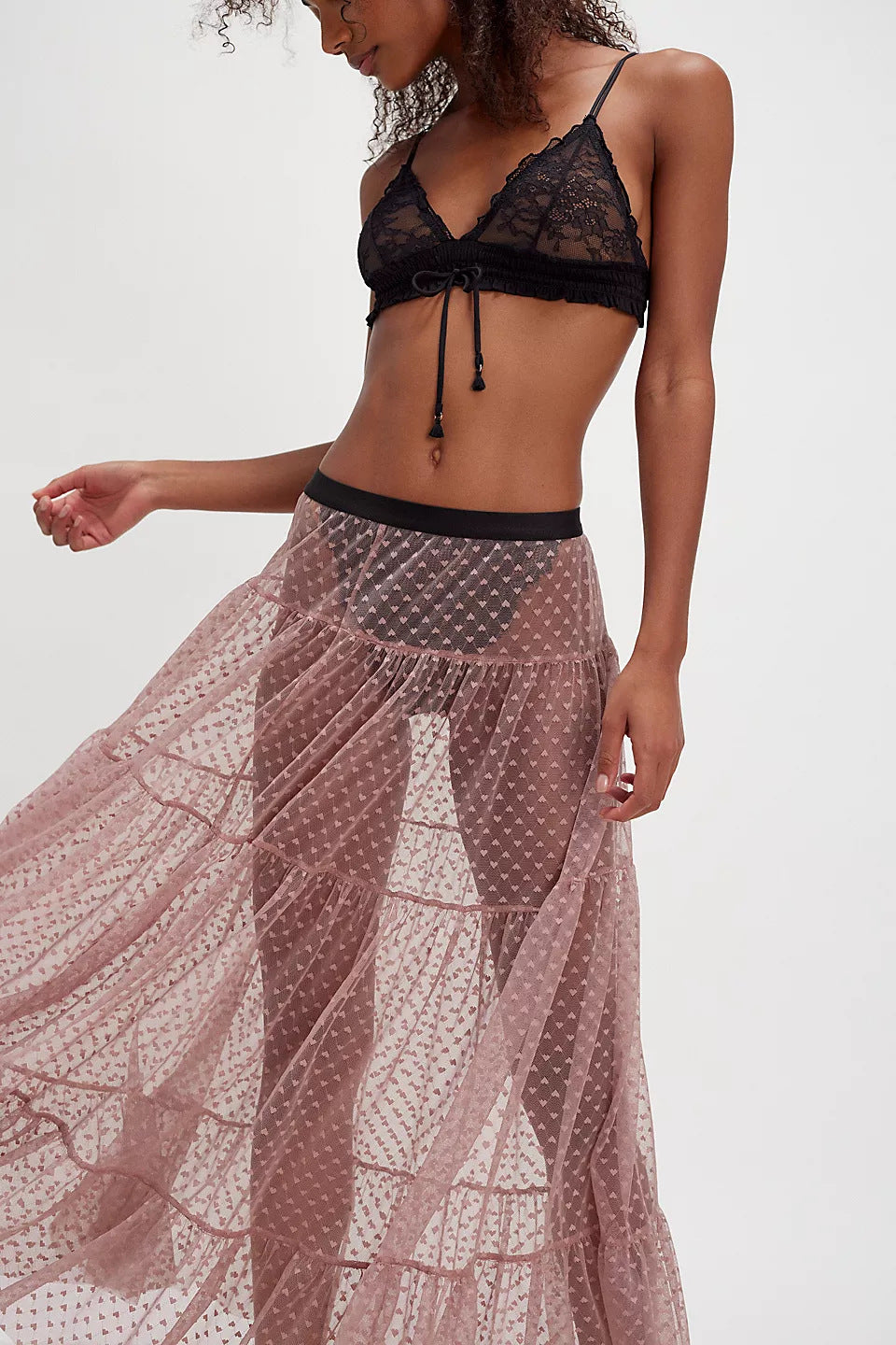 Sheer Tulle Heart Dot Tiered Maxi Skirt - Rosewood - 3