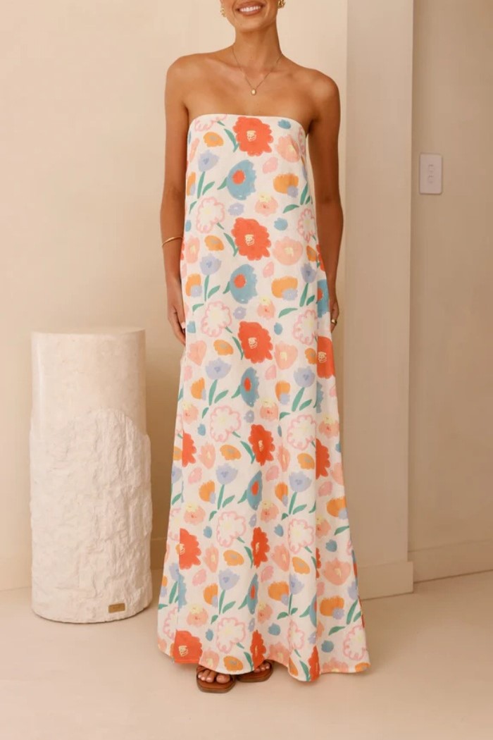 Floral Print Strapless Column Maxi Dress - Floral