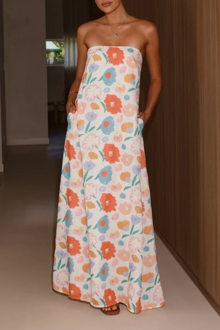 Floral Print Strapless Column Maxi Dress - Floral - 1