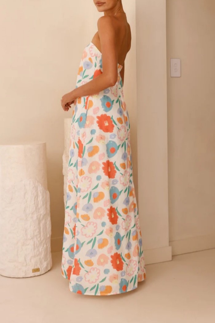 Floral Print Strapless Column Maxi Dress - Floral - 4