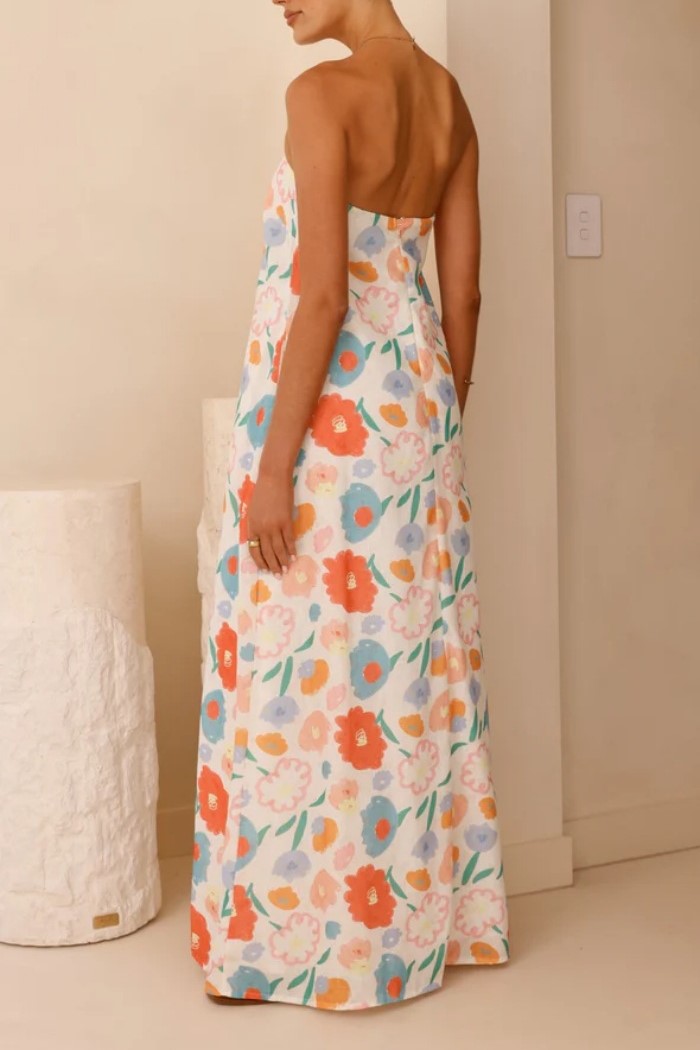 Floral Print Strapless Column Maxi Dress - Floral - 5