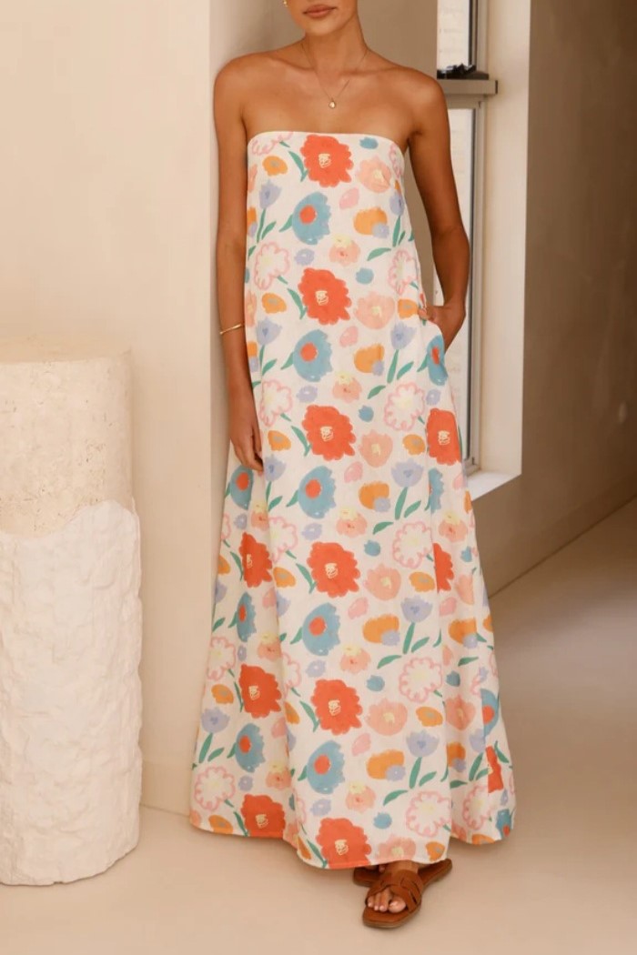 Floral Print Strapless Column Maxi Dress - Floral - 6