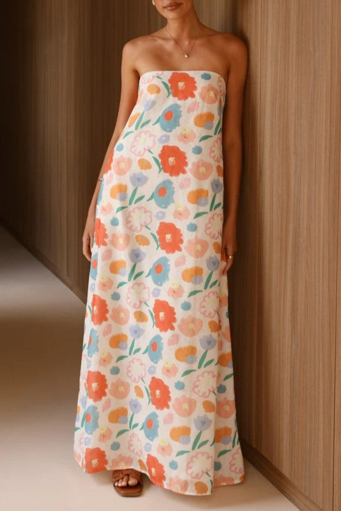 Floral Print Strapless Column Maxi Dress - Floral - 7