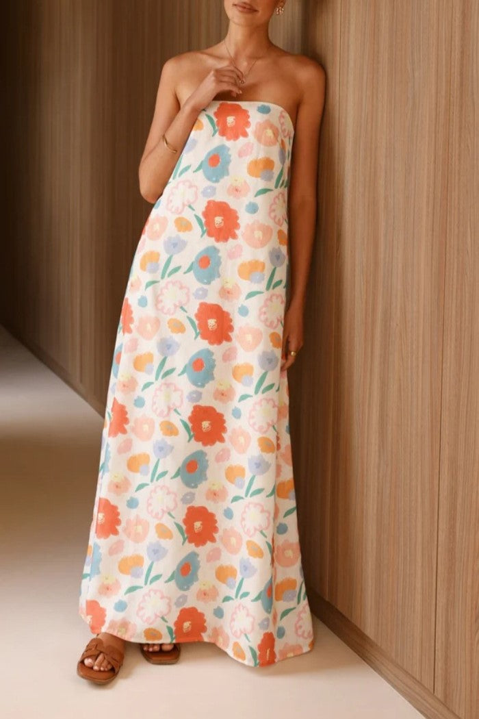 Floral Print Strapless Column Maxi Dress - Floral - 8