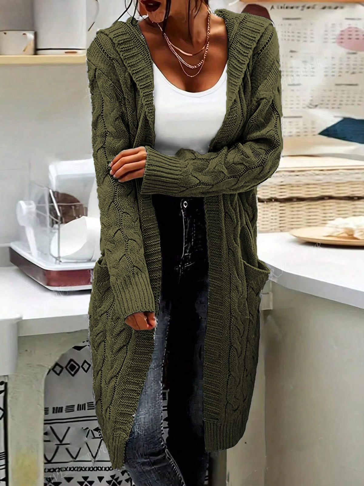 Hooded Longline Cable Knit Duster Cardigan - Green
