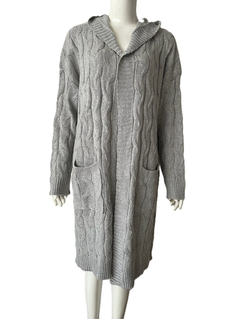 Hooded Longline Cable Knit Duster Cardigan - Grey