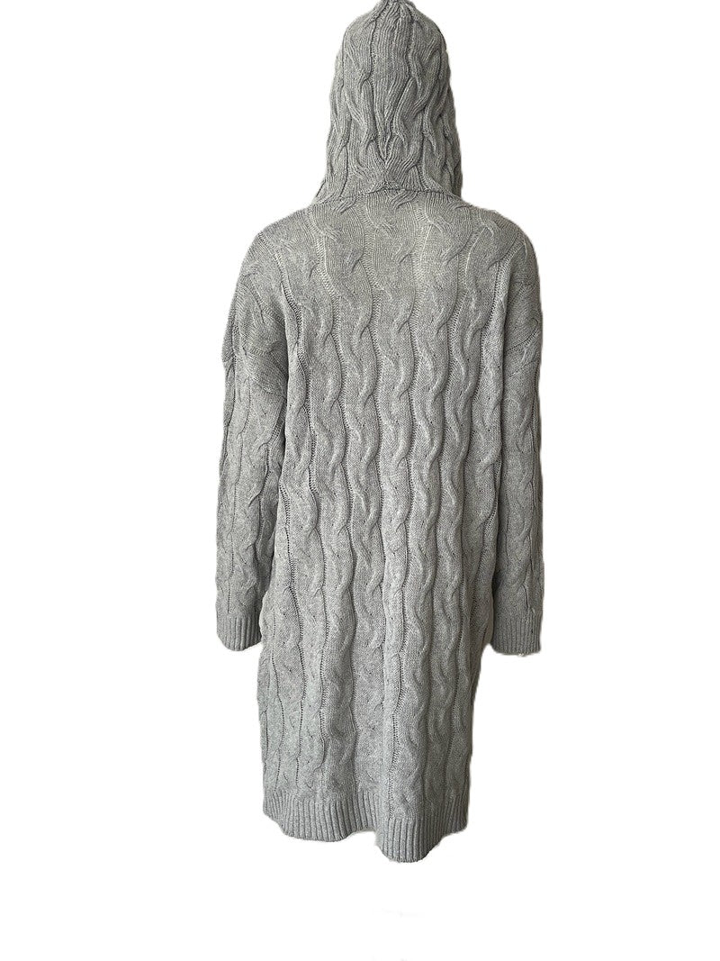 Hooded Longline Cable Knit Duster Cardigan - Grey - 1