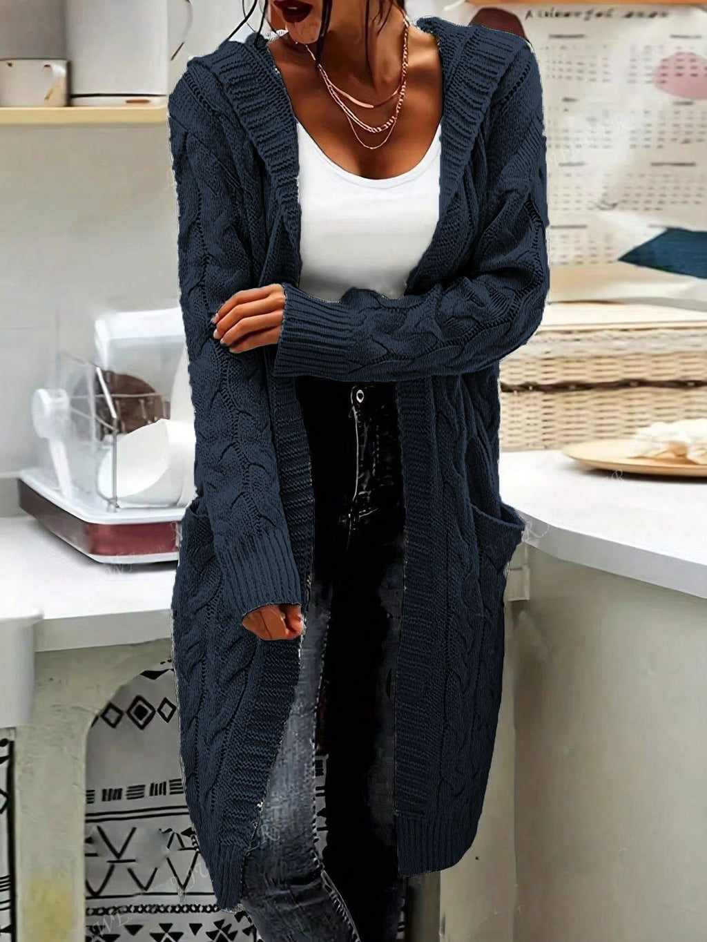 Hooded Longline Cable Knit Duster Cardigan - Navyblue