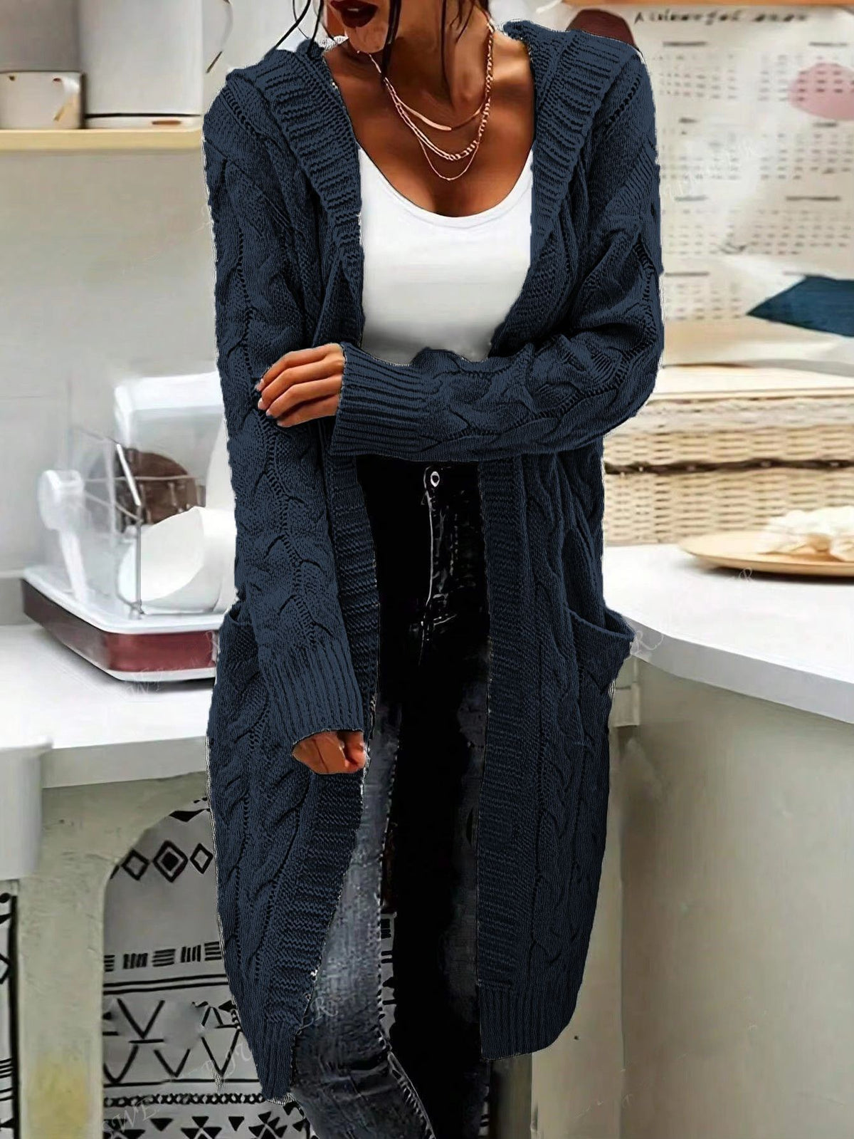 Hooded Longline Cable Knit Duster Cardigan - Navyblue