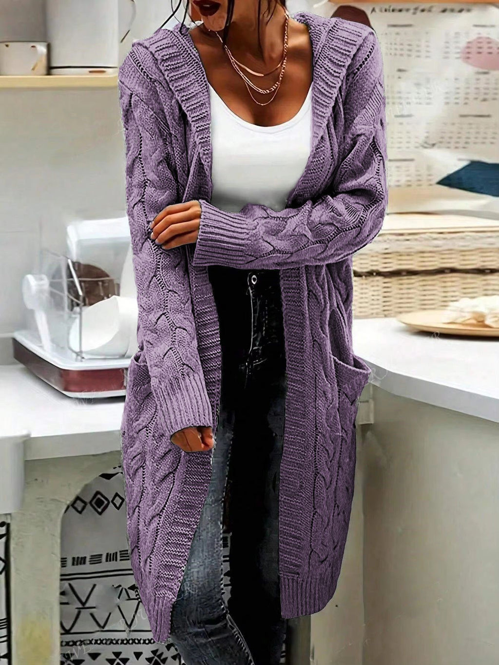 Hooded Longline Cable Knit Duster Cardigan - Purple