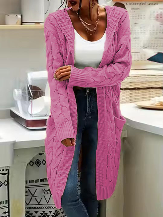 Hooded Longline Cable Knit Duster Cardigan - Rosered