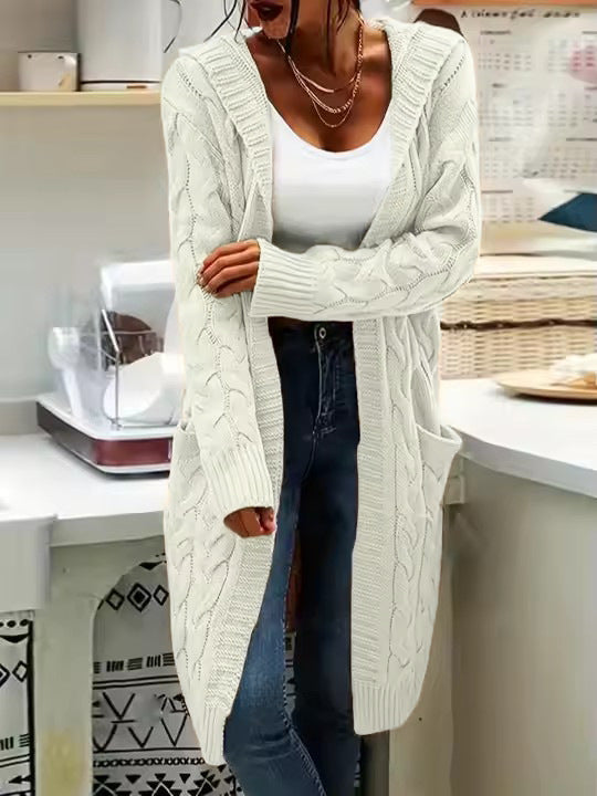 Hooded Longline Cable Knit Duster Cardigan - White