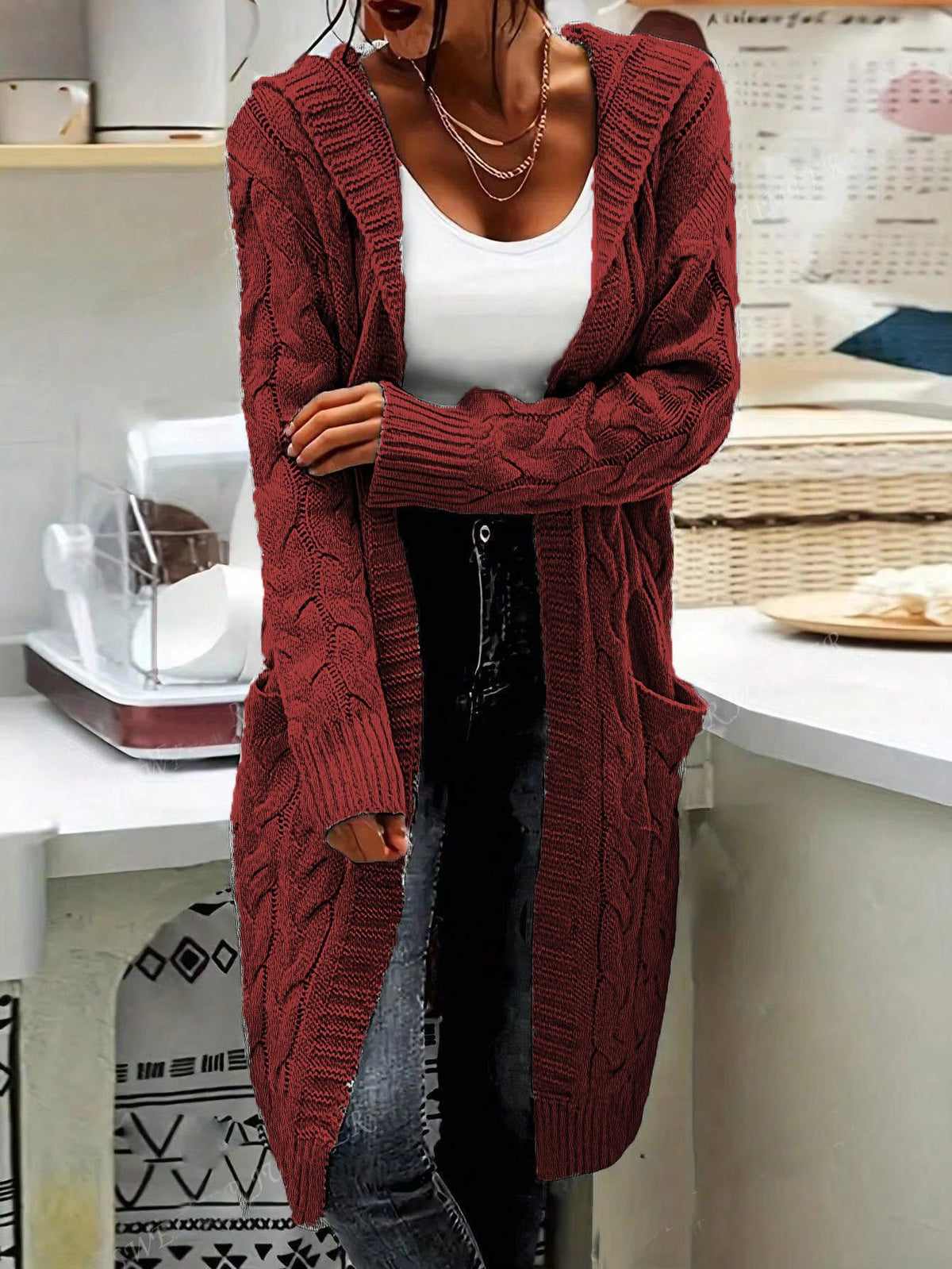 Hooded Longline Cable Knit Duster Cardigan - Winered