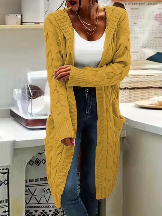 Hooded Longline Cable Knit Duster Cardigan - Yellow