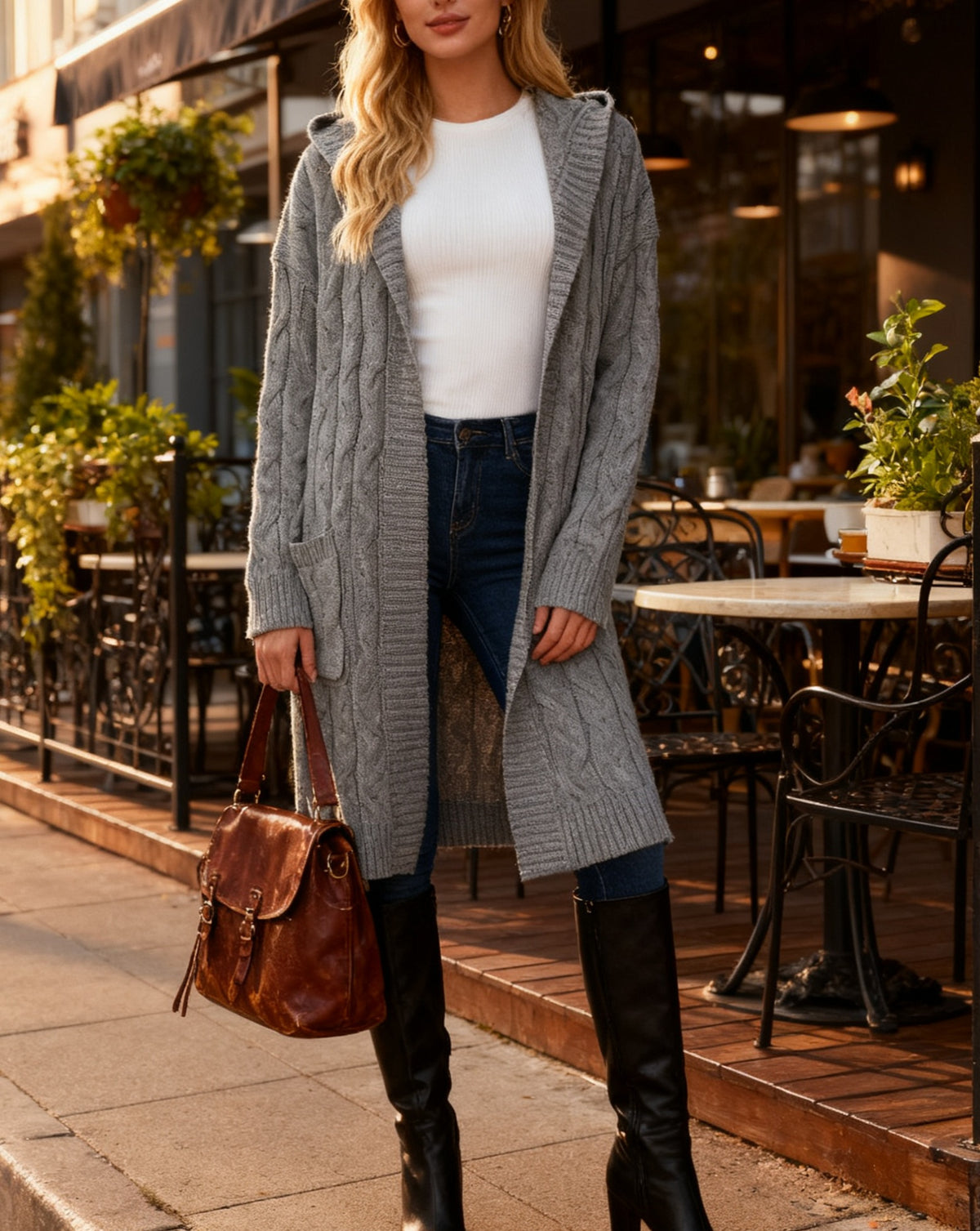 Hooded Longline Cable Knit Duster Cardigan