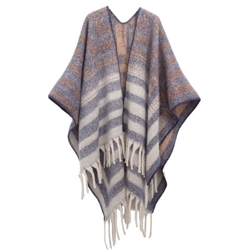 Color Block Stripe Jacquard Cape Poncho - Blue-1