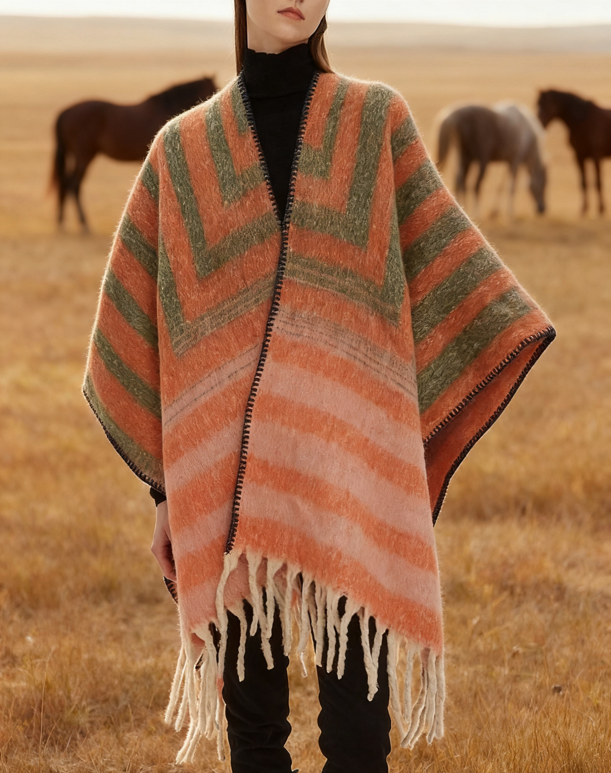 Color Block Stripe Jacquard Cape Poncho - view 1
