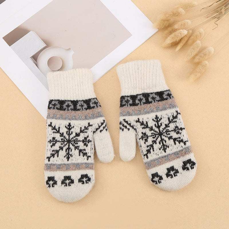 Snowflake Jacquard Fleece Lined Knit Mittens - Beige