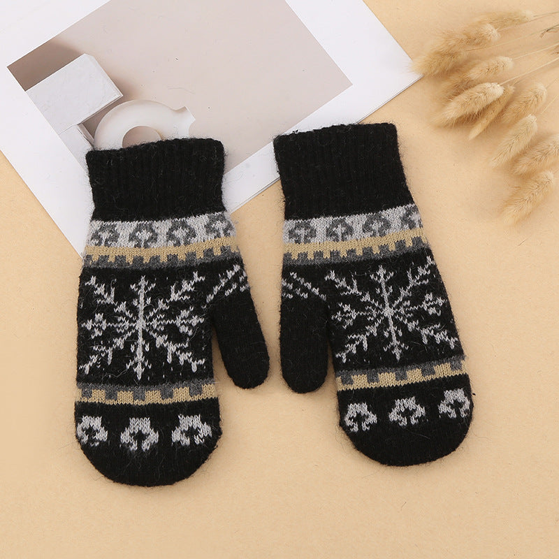 Snowflake Jacquard Fleece Lined Knit Mittens - Black