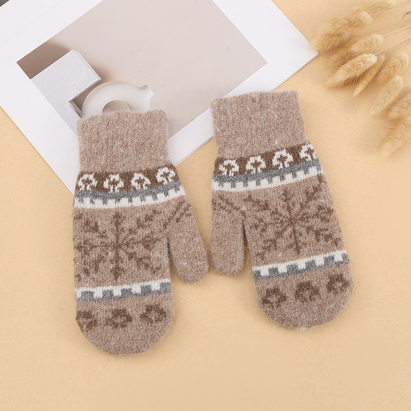 Snowflake Jacquard Fleece Lined Knit Mittens - Brown
