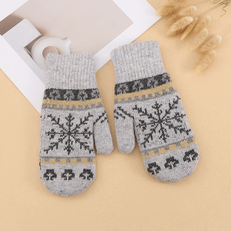 Snowflake Jacquard Fleece Lined Knit Mittens - Grey
